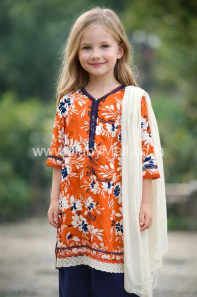 Orange Shade Brown & Navy Blue Pakistani Suit With Dupatta 